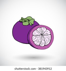 Mangosteen icon. Hand-drawn cartoon fruit sketch. Doodle drawing. Vector illustration. 