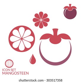 Mangosteen. Icon set. Isolated mangosteen on white background. Exotic fruit