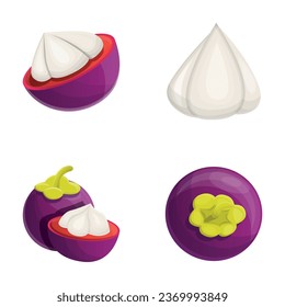 Mangosteen icons set cartoon vector. Fresh exotic fruit. Organic product, healthy nutrition