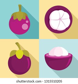 Mangosteen icons set. Flat set of mangosteen vector icons for web design