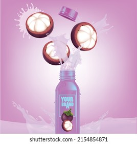 Mangosteen juice bottle design with mangosteen juice splashes.illustration vector