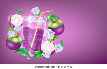 Mangosteen juice  and ice floating in the air and leaf. Vector illustration.