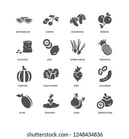 Mangosteen, Kiwi, Watermelon, Cherry, Cucumber, Beet, Cauliflower, Pear icon 16 set EPS 10 vector format. Icons optimized for both large and small resolutions.