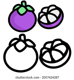Mangosteen line art and mangosteen colorful. Clip art set for t-shirt print, kids apparel, greeting card, label, patch or sticker