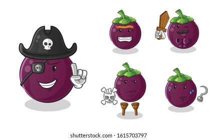 Mangosteen pirate 5 styles cartoon.  including eye patches, wooden swords, skulls and hooks. cute chibi cartoon mascot vector