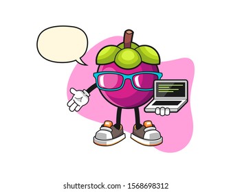 Mangosteen programmer with speech bubble cartoon. Mascot Character vector.