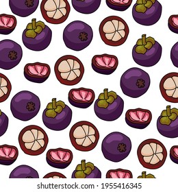 Mangosteen seamless pattern, bright purple fruit with a juicy heart, whole and a half on a white background vector illustration