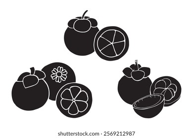 Mangosteen silhouette set, vector mangosteen fruit icon.