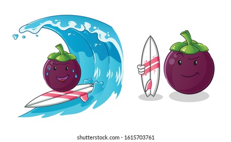 Mangosteen surfing on the waves cartoon and holding a surfboard. cute chibi cartoon mascot vector