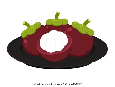 Mangosteen vector. Mangosteen on black plate background.