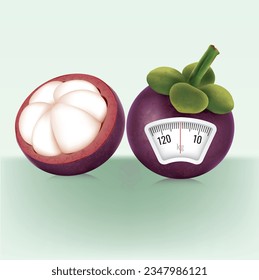 Mangosteen with a weight scale. Diet concept. Vector.
