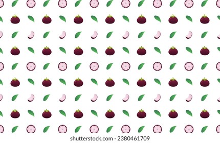 Mangosteen entero, hoja y corte sin soldadura. Hermoso patrón vectorial sin fisuras con mangostino entero, hojas y piezas de Mangosteen. Doodles. Adecuado para papel pintado, texturas superficiales, textiles.