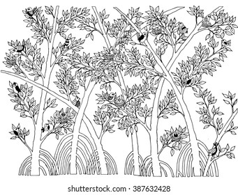 Mangrove Forest with Bird Doodle Vector