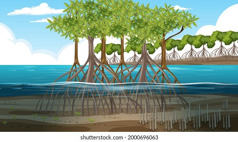 Mangrove forest landscape scene at daytime  illustration