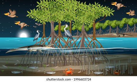 Mangrove forest landscape scene at night with many different animals illustration