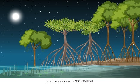 Mangrove forest landscape scene at night illustration