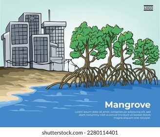 Mangrove planting banner on the coast. Mangroves protect settlements from sea waves.