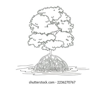 A Mangrove Tree in Line Black on White for Coloring Page, vector illustration isolated on white background