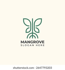 Mangrovenbaum-Logo-Kombination mit Schmetterlingssymbol, mit einfachem elegantem Lineart-Stil, für Umweltpflege Community-Logo oder dergleichen. Vektorlogo