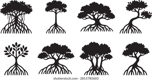 Mangrove tree silhouettes showing distinct root structures in coastal ecosystems