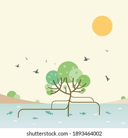 Mangrove tree vector with flying birds, sun and lagoon. Background illustration of lagoon with birds and  mangrove tree. Mangrove forest vector art.