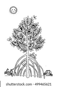 Mangroves Forest with Bird and Crab Doodle Vector