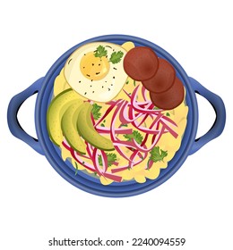 Mangu. Green plantains mashed with fried egg and avocado. Delicious traditional Dominican food. Top view. Latin American food. Colorful vector illustration isolated on white background.