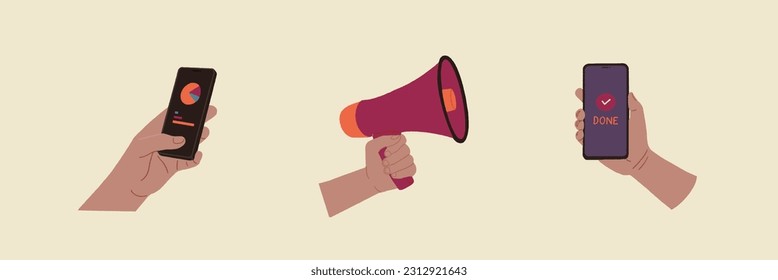 Man-hand with mobile, loudspeaker vector illustration. Hand-drawn colored trendy illustration style. Cartoon style. Flat design editable vector.