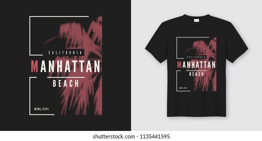 Manhattan beach t-shirt and apparel trendy design with styled palm tree silhouette, typography, poster, print, vector illustration. Global swatches.