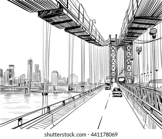 Manhattan bridge hand drawn industrial illustration. New York city vector sketch