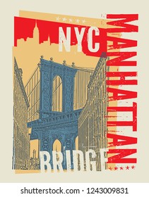 Manhattan bridge, New York city, silhouette illustration in flat design, t-shirt print design or poster, vector illustration