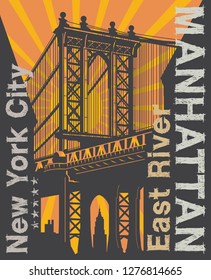 Manhattan bridge, New York city, silhouette illustration in flat design, t-shirt print design or poster, vector illustration