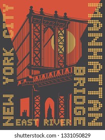 Manhattan bridge, New York city, silhouette illustration in flat design, t-shirt print design or poster, vector illustration