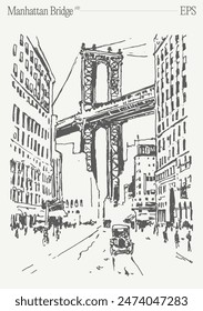 Manhattan Bridge in the New York city. Hand drawn vector illustration, sketch.