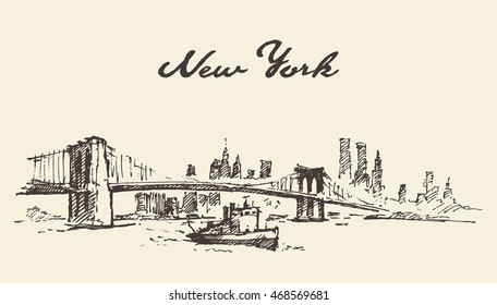 Manhattan bridge. New York, United States. Vector illustration, hand drawn, sketch