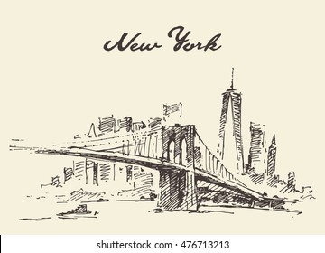 Manhattan bridge. New York, United States. Vector illustration, hand drawn, sketch