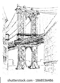 Manhattan Bridge view from Brooklyn district. Famous New York bridge. Hand drawn black and white graphic illustration. Vector