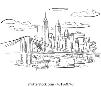 Manhattan and Brooklyn Bridge detailed Sketch, Hand drawn Vector Outline Artwork