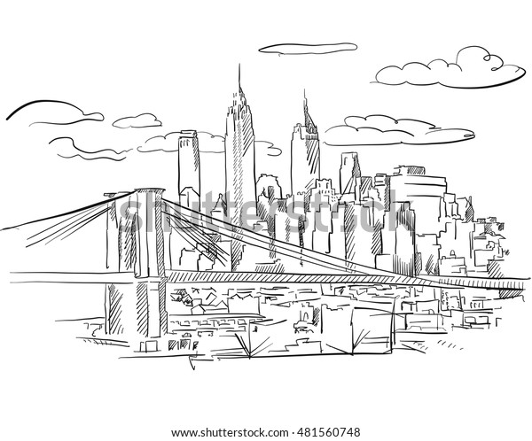 Manhattan Brooklyn Bridge Detailed Sketch Hand Stock Vector (Royalty ...