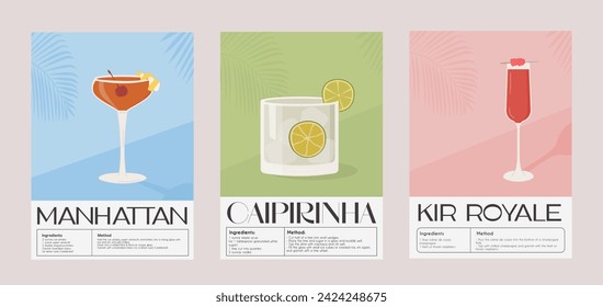 Manhattan, Caipirinha and Kir Royale Classic Cocktail recipe with ingredients. Summer aperitif wall art. Garnish alcohol beverage graphic print. Minimalist vertical poster. Vector flat illustration.