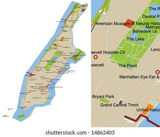 Manhattan city map. Highly detailed editable vector map (see detail cutout on the right). All features and labels on separate layers for easy customization. Data source: US Census Bureau.