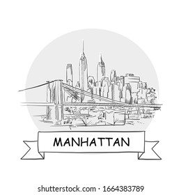 Manhattan Cityscape Vector Sign. Line Art Illustration with Ribbon and Title.