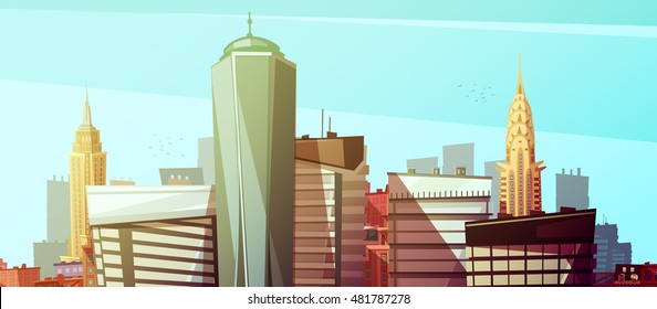 Manhattan cityscape with world trade center chrysler and empire state buildings at marine background flat vector illustration  svg
