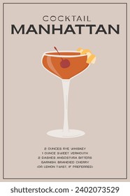 Manhattan Classic Cocktail garnished with maraschino cherry. Classic alcoholic beverage recipe wall art print. Summer aperitif poster. Minimalist alcoholic drink placard. Vector illustration.