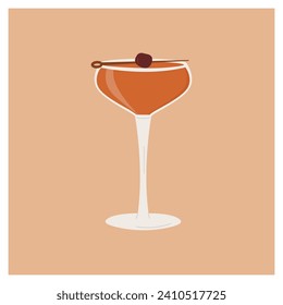 Manhattan Classic Cocktail garnished with maraschino cherry. Classic alcoholic beverage card for bar menu. Summer aperitif. Minimalist alcoholic drink. Vector illustration isolated on background.