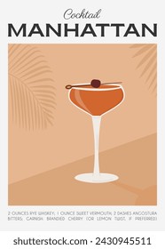 Manhattan Classic Cocktail garnished with maraschino cherry. Classic alcoholic beverage recipe wall art print. Summer aperitif poster. Minimalist alcoholic drink placard. Vector illustration.