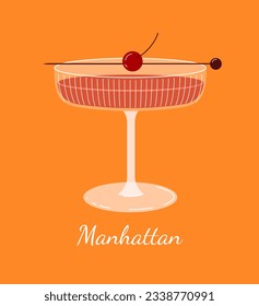 Manhattan cocktail concept. Tasty liquid and beverage for summer season. Alcoholic drink. Sticker for social networks and messengers. Cartoon flat vector illustration isolated on orange background