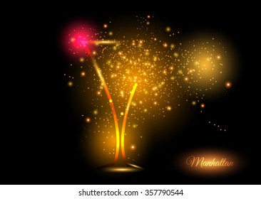 Manhattan cocktail design concept - cocktail glass with lime bursting into shining lights of orange and red shades. Shining concept of fun and nice time on crazy party.