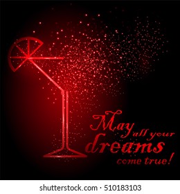 Manhattan cocktail design concept - cocktail glass with lime bursting into shining lights of orange and red shades. Shining concept of fun and nice time on crazy party.