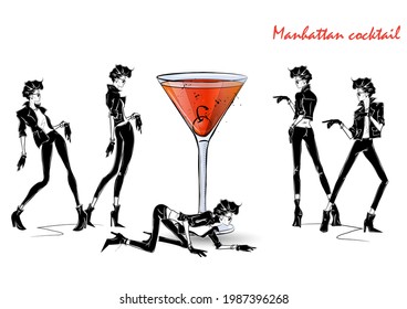 Manhattan cocktail. Fashion girl in style sketch with cocktail. Vector Illustration